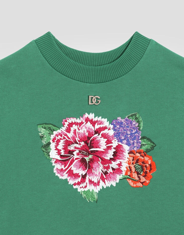 Dolce & Gabbana Round-neck sweatshirt with flower and DG logo Green L5JWBSG7O2B