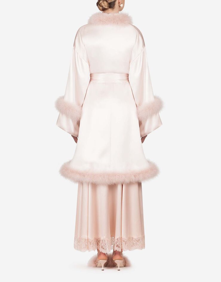 Dolce & Gabbana SHORT SILK ROBE WITH MARABOU EDGINGS PINK F0Y82ZFU1NU