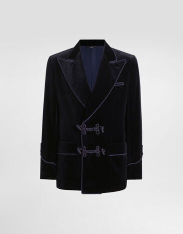 Dolce & Gabbana Double-breasted sicilia-light jacket in smooth velvet Blue G2VQ4TFUVG7