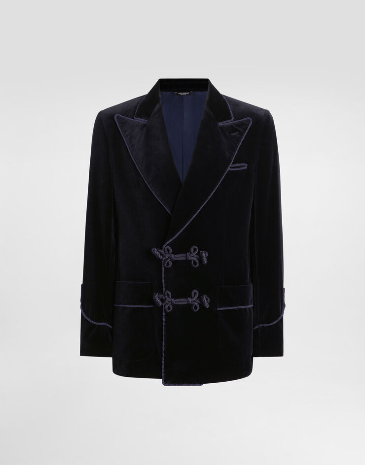 Dolce & Gabbana Double-breasted sicilia-light jacket in smooth velvet Blue G2VQ4TFUVG7
