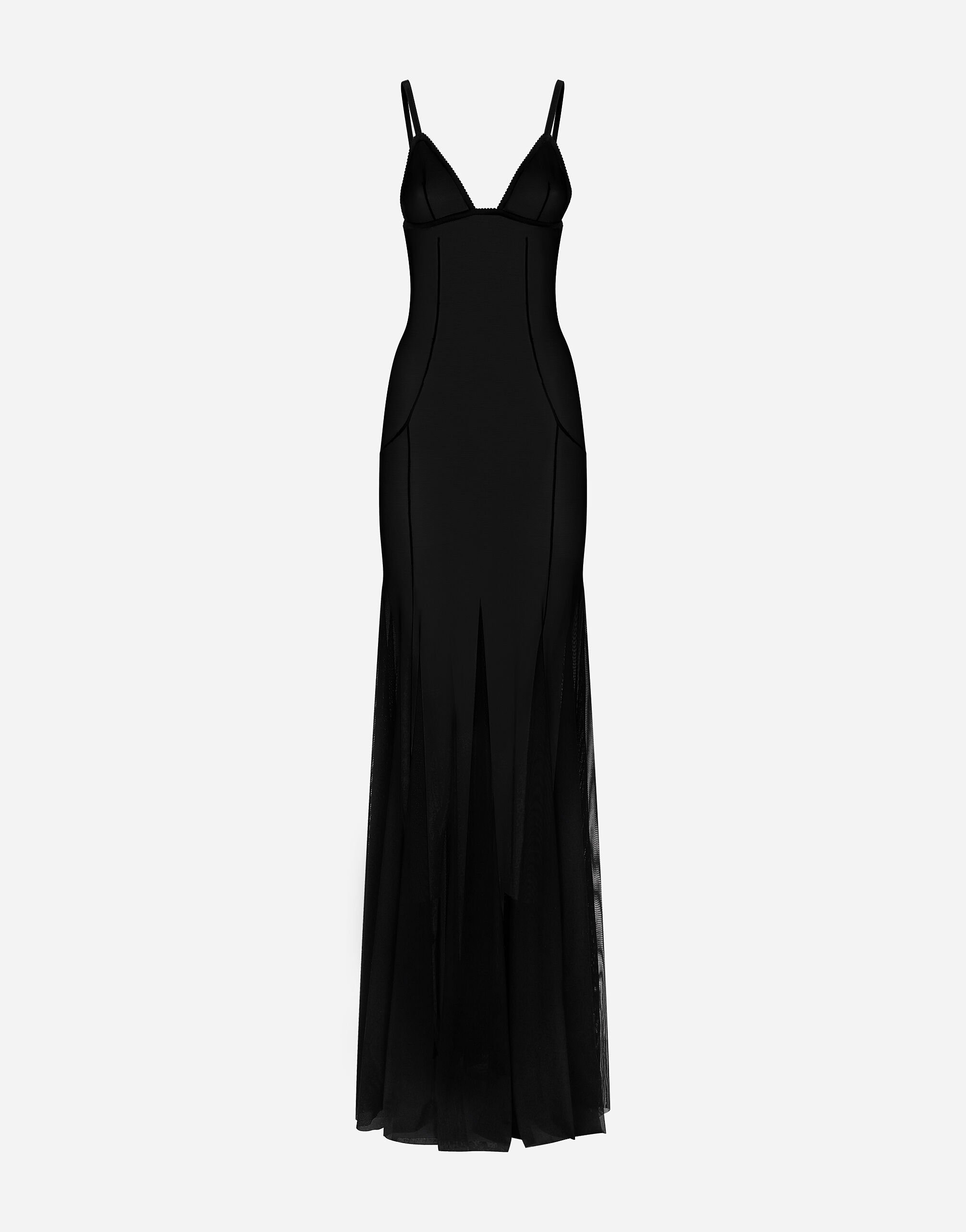 Dolce & Gabbana Langes Slip Dress aus Tüll Schwarz F6DFDTFLSIO