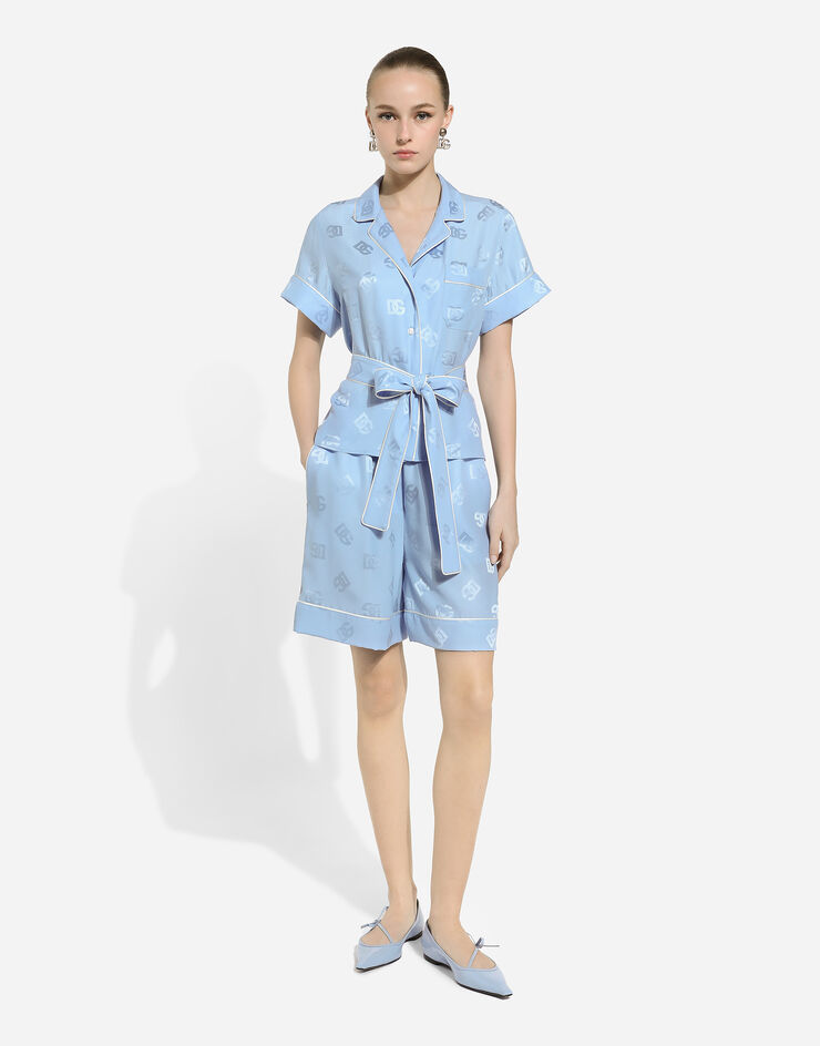 Dolce & Gabbana Short-sleeved silk satin jacquard pajama shirt with DG logo Azure F5G67TFJ1JO