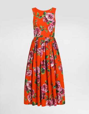 Dolce & Gabbana Cotton calf-length babydoll dress with rose print Print F6JHVTHS5TI