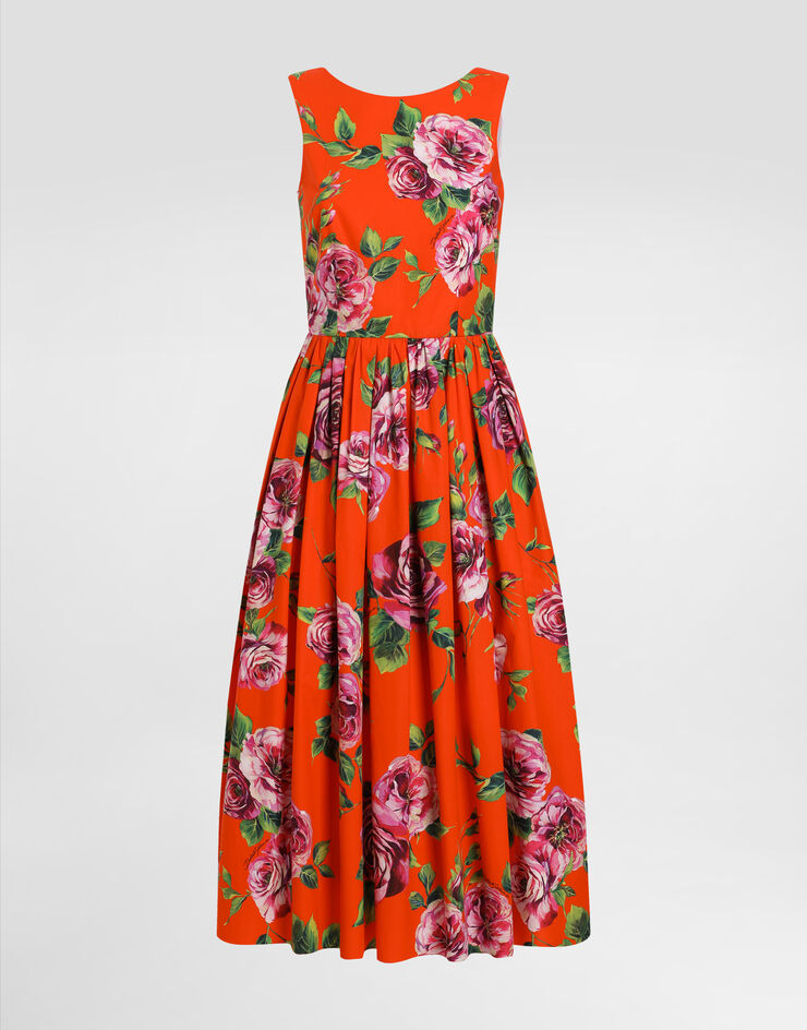 Dolce & Gabbana Vestido babydoll longuette de algodón con estampado de rosas Imprima F6JHVTHS5TI
