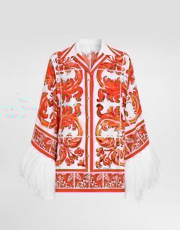 Dolce & Gabbana Majolica-print charmeuse shirt with feather trim Multicolor F5T75ZGDDRJ