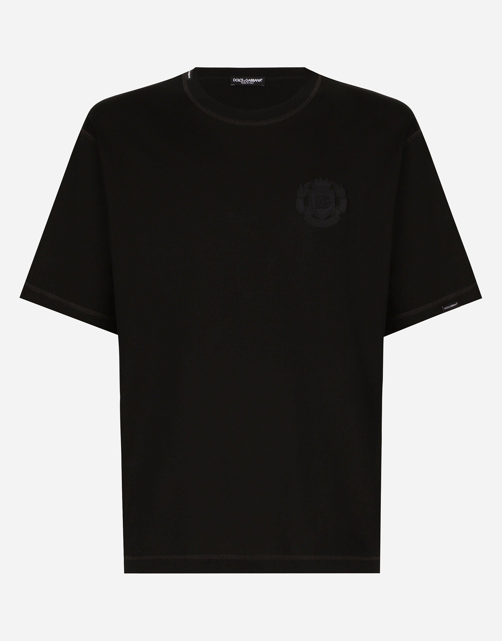 Cotton T shirt with logo embroidery in Nero da Uomo Dolce Gabbana