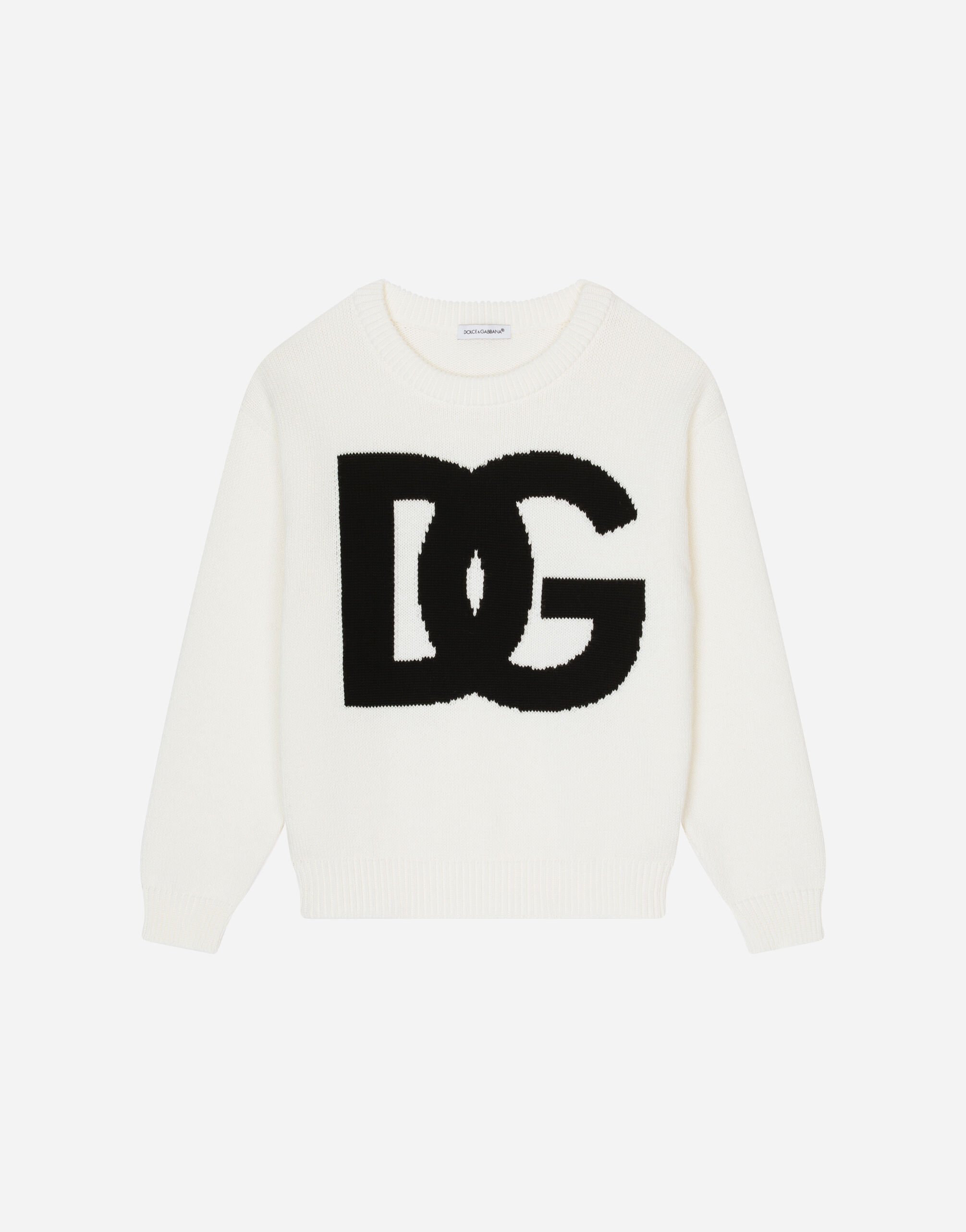 Dolce & Gabbana Plain-knit cotton round-neck pullover with inlaid DG logo Beige L4KWE2JBCE0