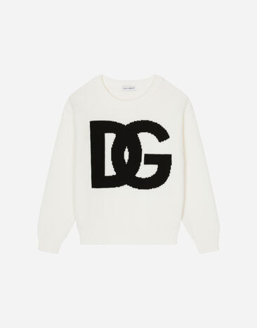 Dolce & Gabbana Rundhalspullover aus glatter Baumwolle DG-Intarsienlogo Beige L4KWE2JBCE0