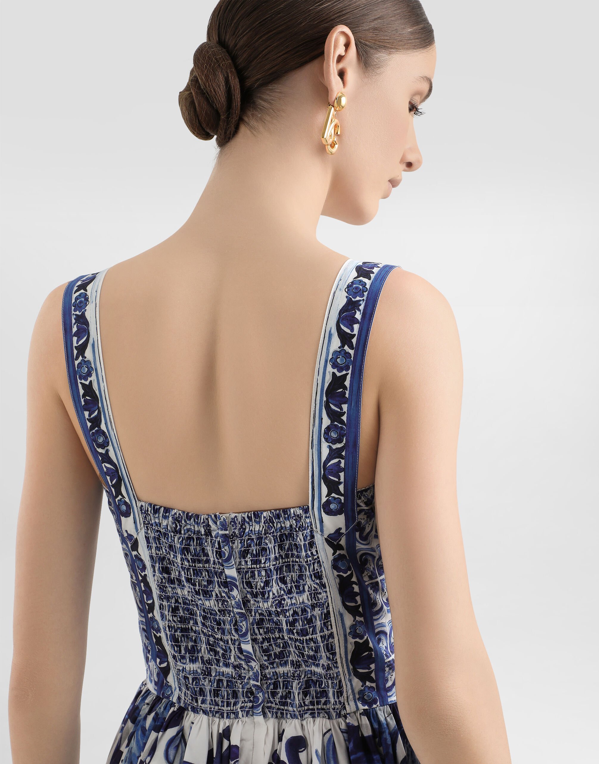 Calf-length bustier dress in majolica-print poplin in