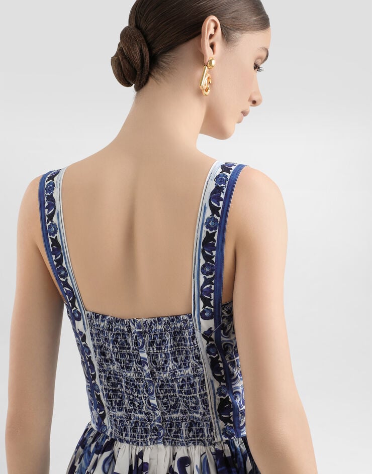 Dolce & Gabbana Calf-length bustier dress in majolica-print poplin Multicolor F6AEITHH5A1