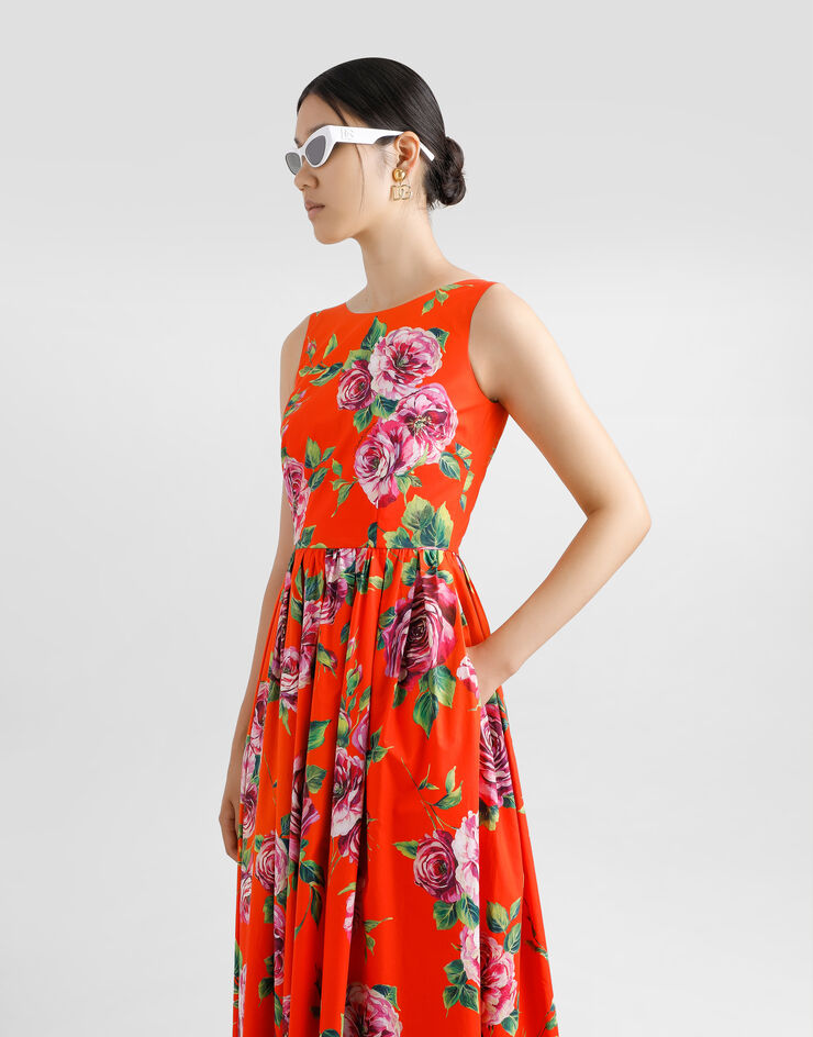 Dolce & Gabbana Vestido babydoll longuette de algodón con estampado de rosas Imprima F6JHVTHS5TI