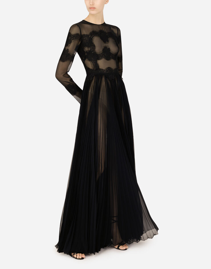Dolce & Gabbana Long chiffon dress with lace details Black F6ZL4TFUSMU