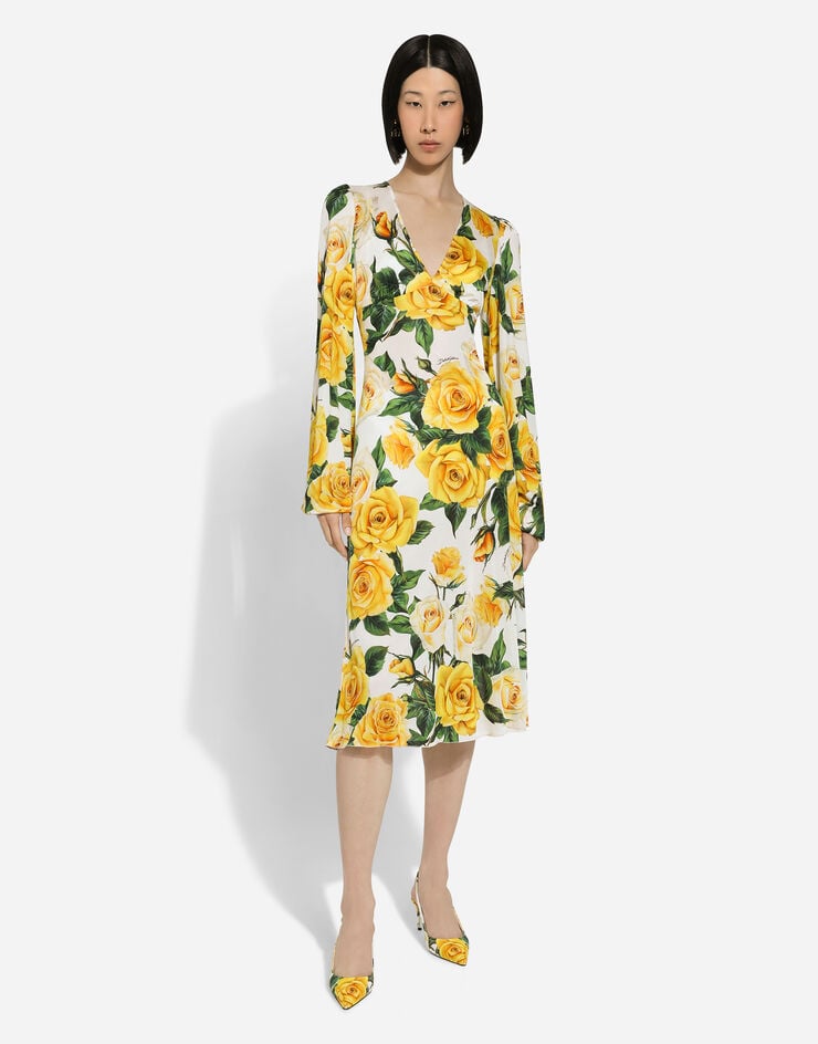Dolce & Gabbana Organzine V-neck dress with yellow rose print Print F6CQETFS8C3