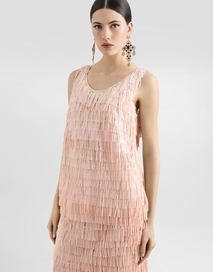 Dolce & Gabbana Ärmelloses Top mit Paillettenfransen-Stickerei Rosa F7AY0TFLSLR