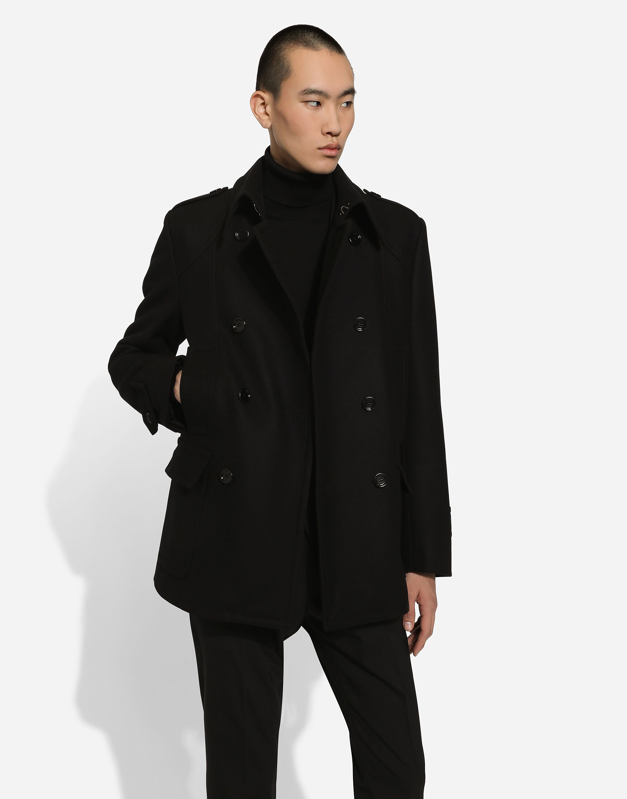 Blackのメンズ ウールブレンド ダブルブレスト ピーコート