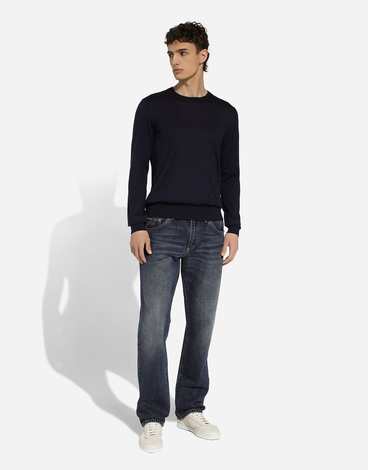 Dolce & Gabbana Silk round-neck sweater with DG embroidery  Blue GXX02ZJBSF8