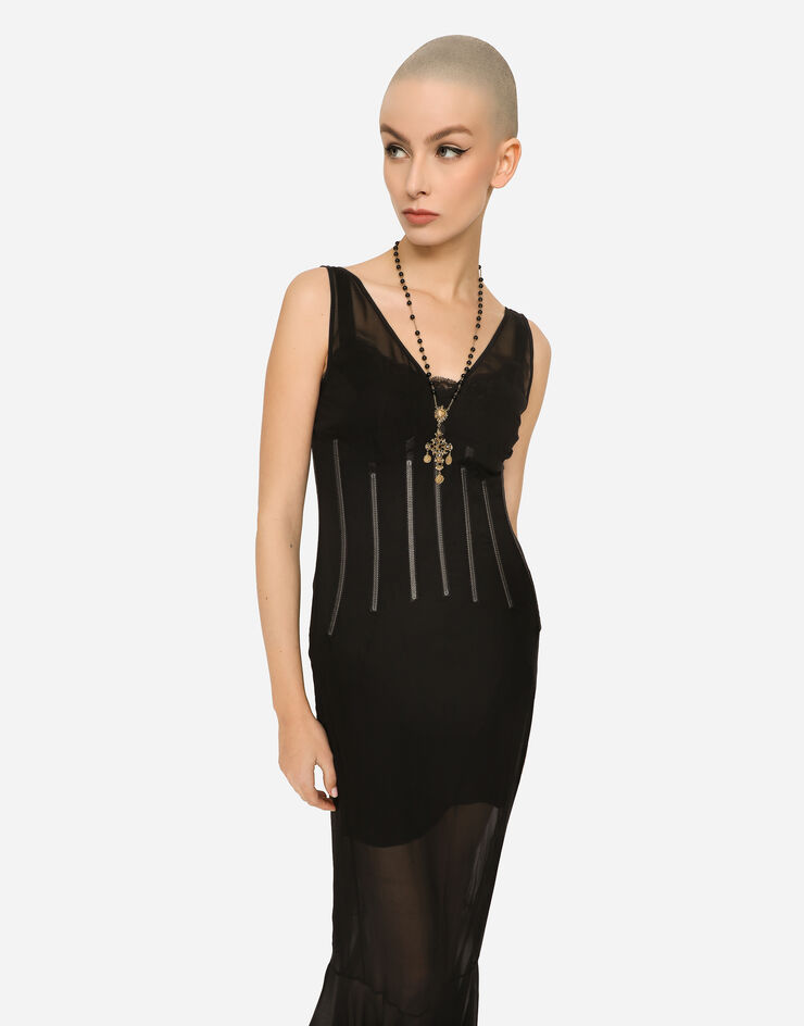 Dolce & Gabbana Длинное платье из шифона с косточками черный F6ZB5TFUADS
