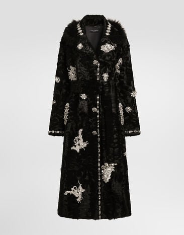 Dolce & Gabbana Single-breasted shearling coat with embroidery Black F0Y20ZFUP9F