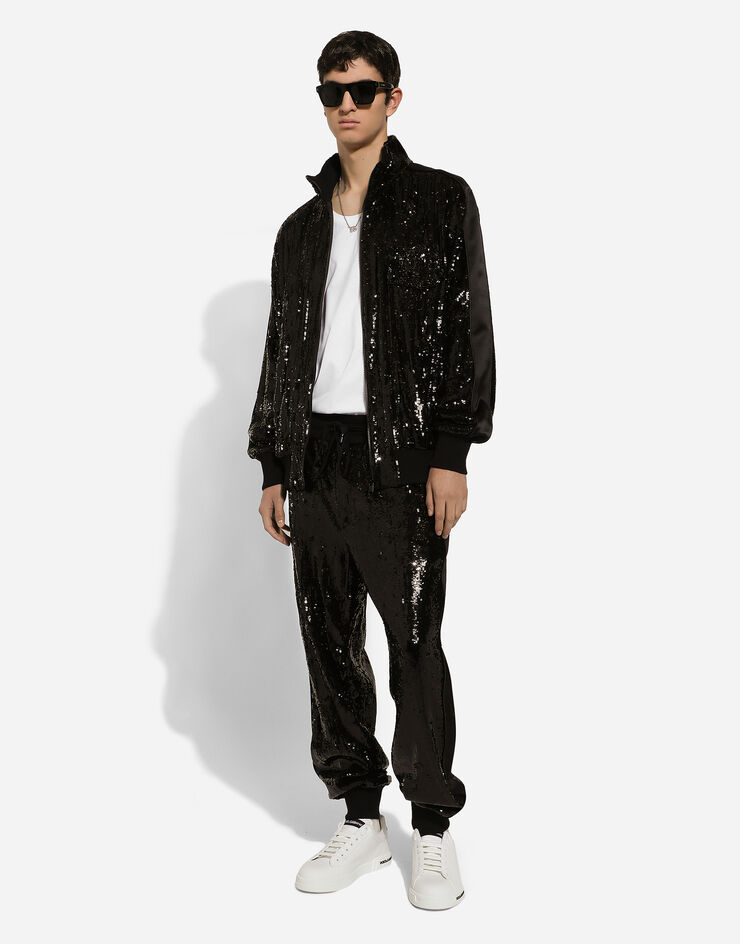Dolce & Gabbana Sequined zip-up sweatshirt with rhinestone-detailed DG patch Black G9ZG1ZHLMTJ
