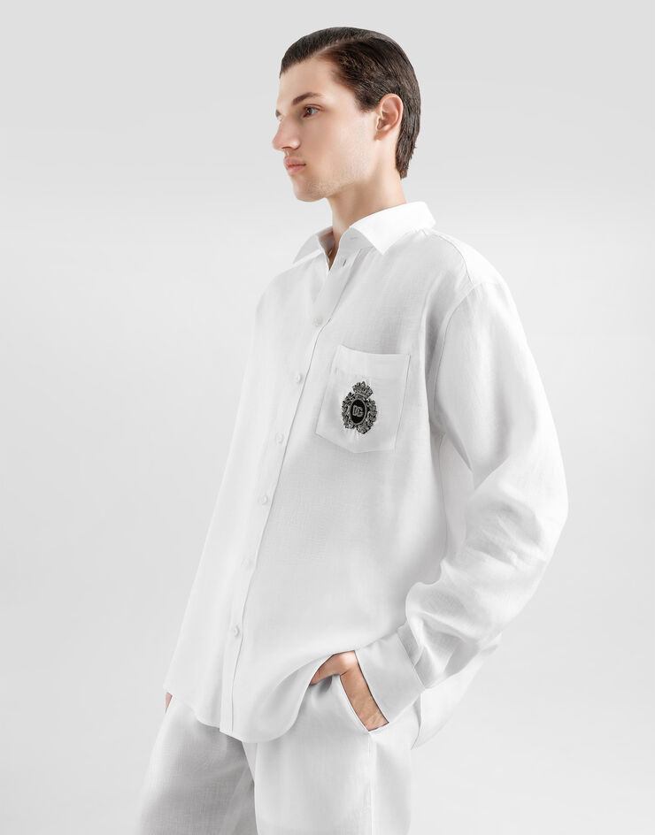 Dolce & Gabbana قميص كتان برقعة هيرالديك أبيض G5MS2ZFU4IK