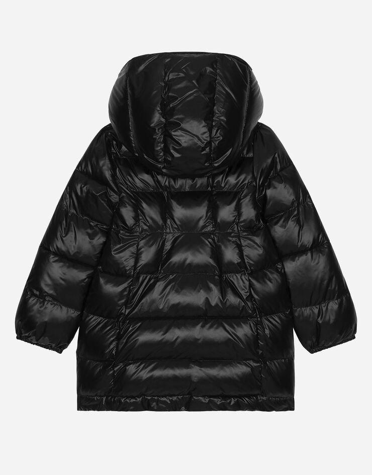 Dolce & Gabbana Long down jacket with logo tag Black L5JBO1G7M4K