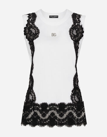 Dolce & Gabbana Jersey tank top with DG logo and lace inserts White F8S23TGDB8M