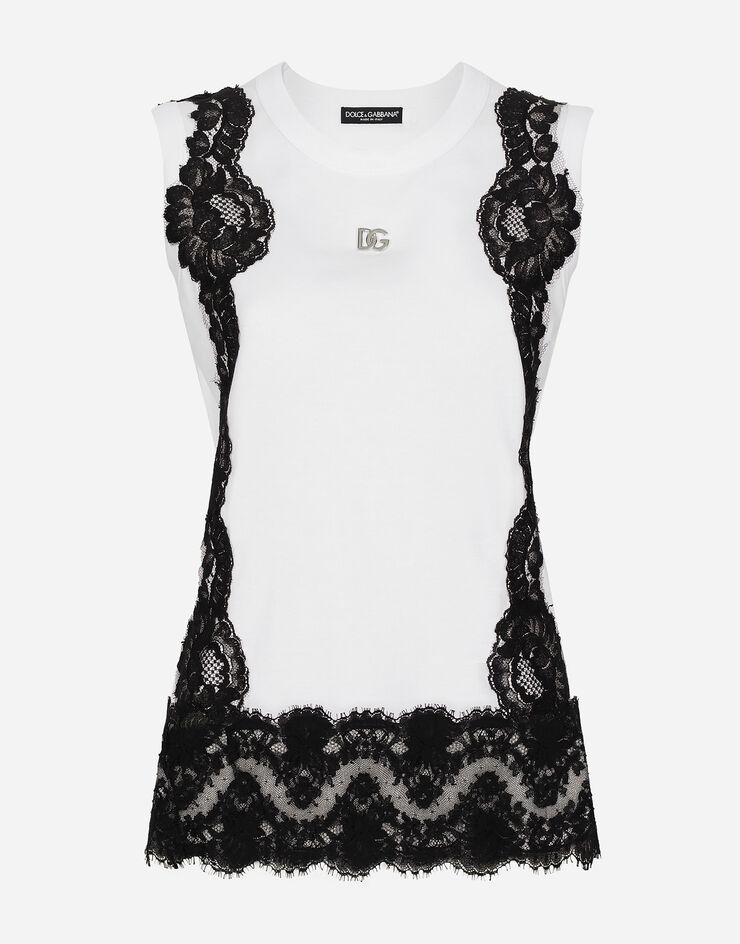Dolce & Gabbana Jersey tank top with DG logo and lace inserts Blanc F8S23TGDB8M