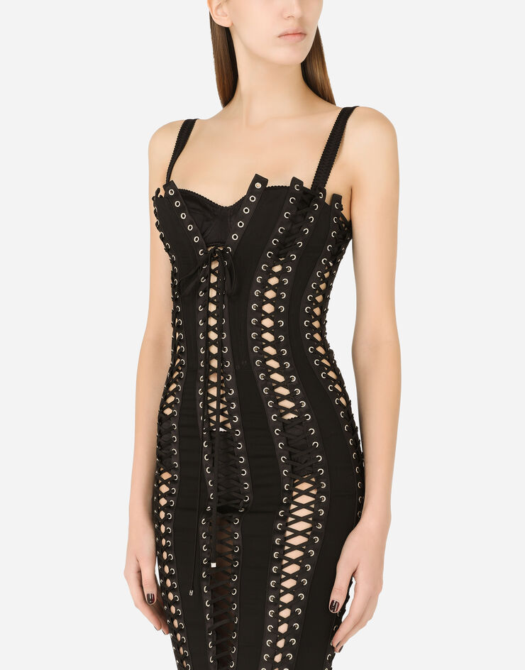 Dolce & Gabbana Vestido longuette de charmeuse con cordones y ojetes Negro F6D6HTFUADB