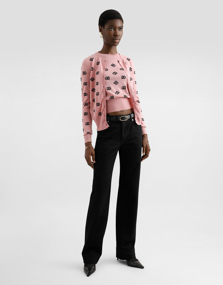 Dolce & Gabbana Wool and silk jacquard sweater with contrasting DG logo Pink FXJ34TJFMGS