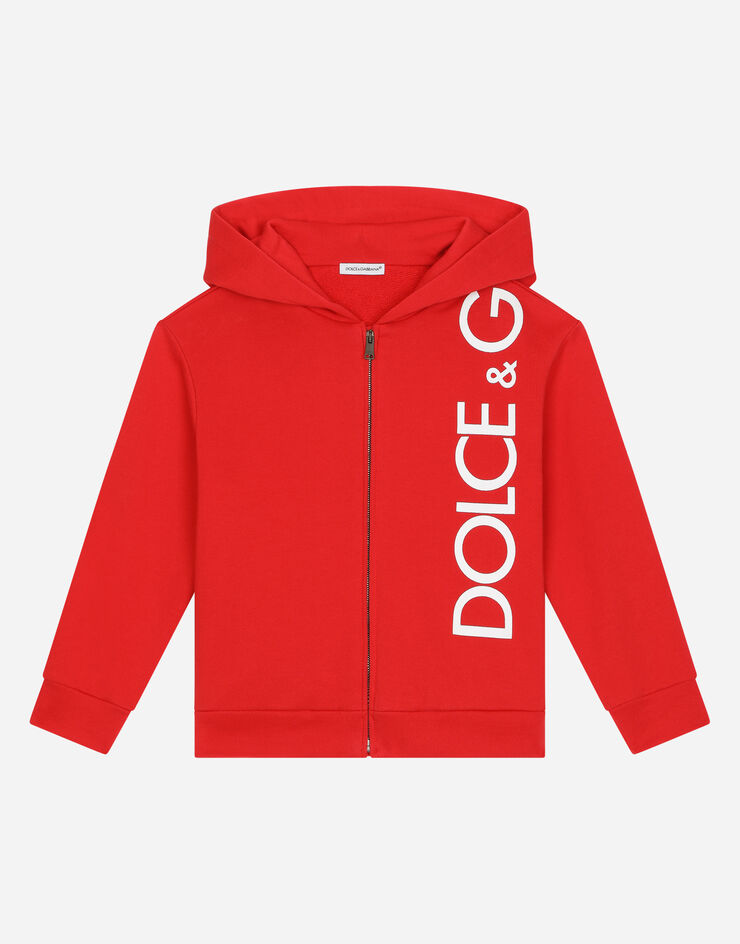 Dolce & Gabbana Sweat-shirt zippé en jersey avec capuche et imprimé logo Rouge L4JWFNG7IXP