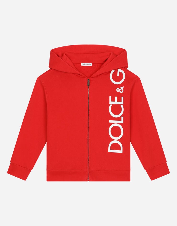 Dolce & Gabbana Felpa zip con cappuccio in jersey stampa logo Red L4JWFNG7IXP