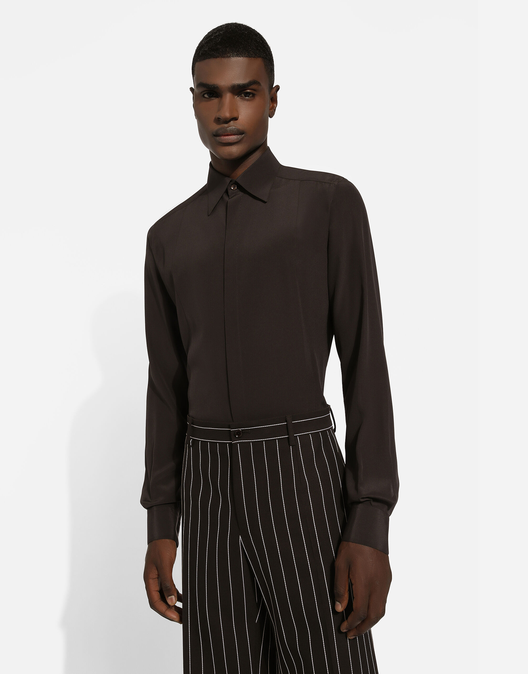 DOLCE&GABBANA シャツ 39 ダークブラウン シルク混 イタリア製 Silk Martini-fit shirt with shirt front in Brown for Men