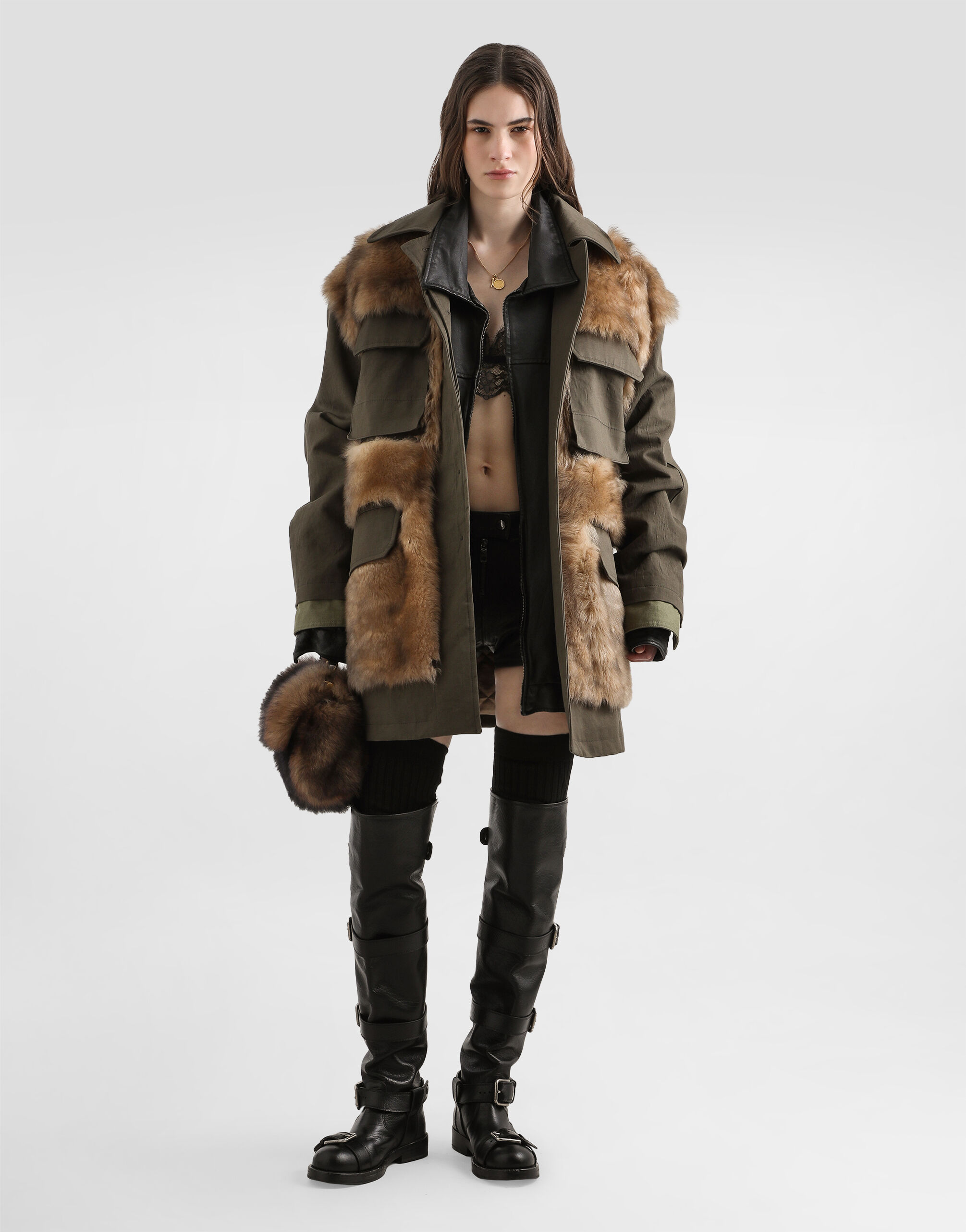 Dolce & Gabbana ピーコート ブラウン・カーキ Long jacket in resin-coated gabardine in Green for Women