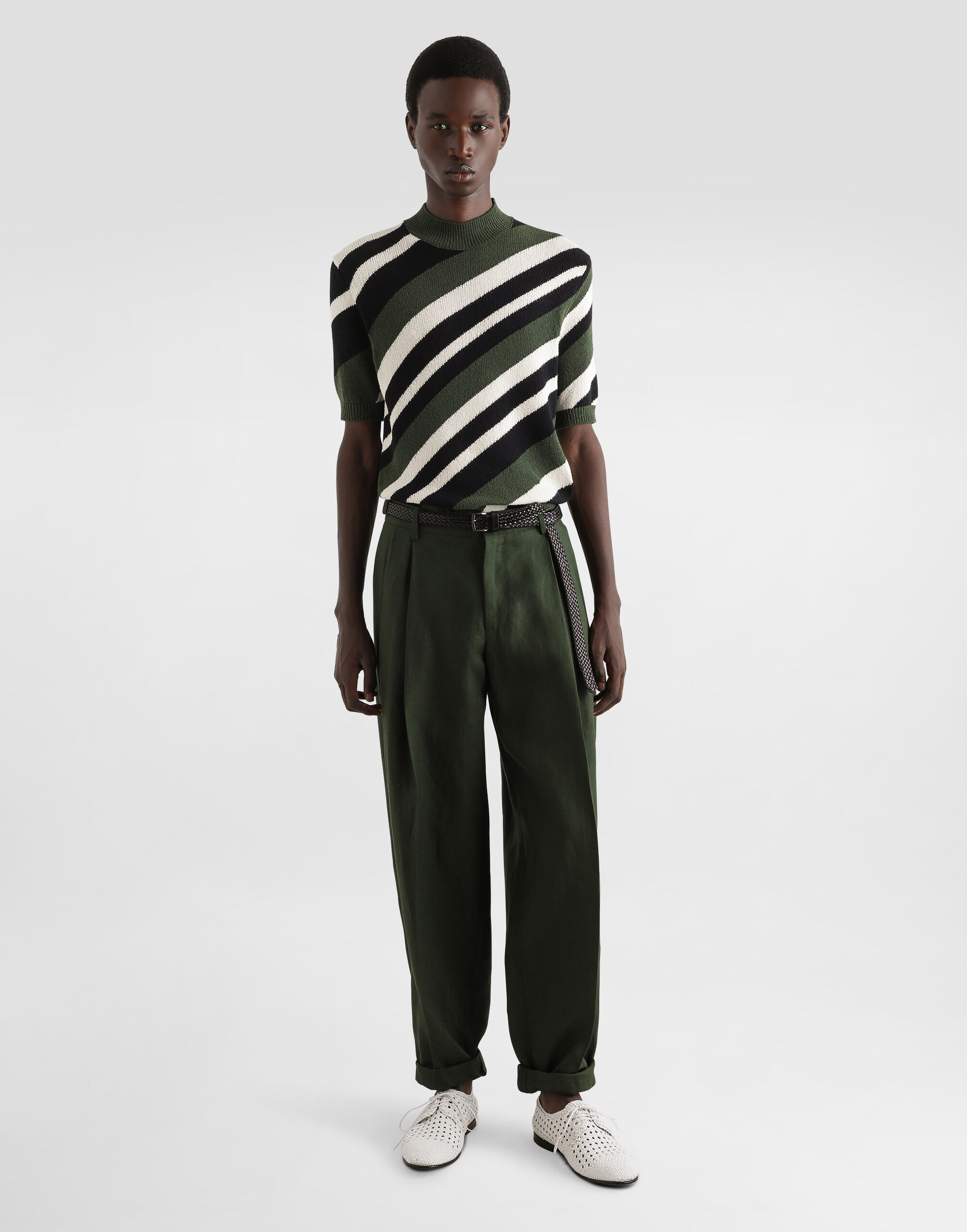 Short-sleeved cotton mock-turtleneck with striped inlay in Green