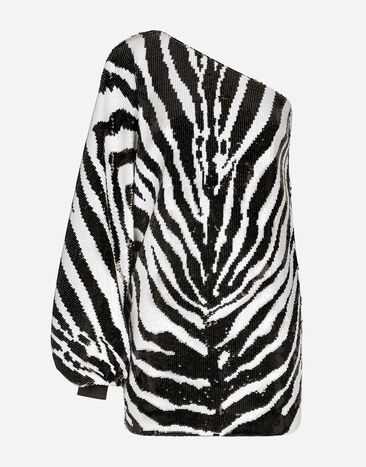 Dolce & Gabbana Short sequined one-shoulder dress with zebra print Multicolor F6AJDTFLSGH