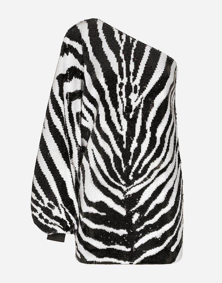 Dolce & Gabbana Short sequined one-shoulder dress with zebra print Multicolor F6AJDTFLSGH