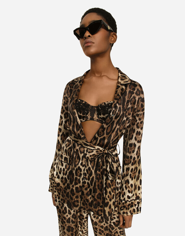 Leopard-print satin pajama shirt with belt in Multicolor for