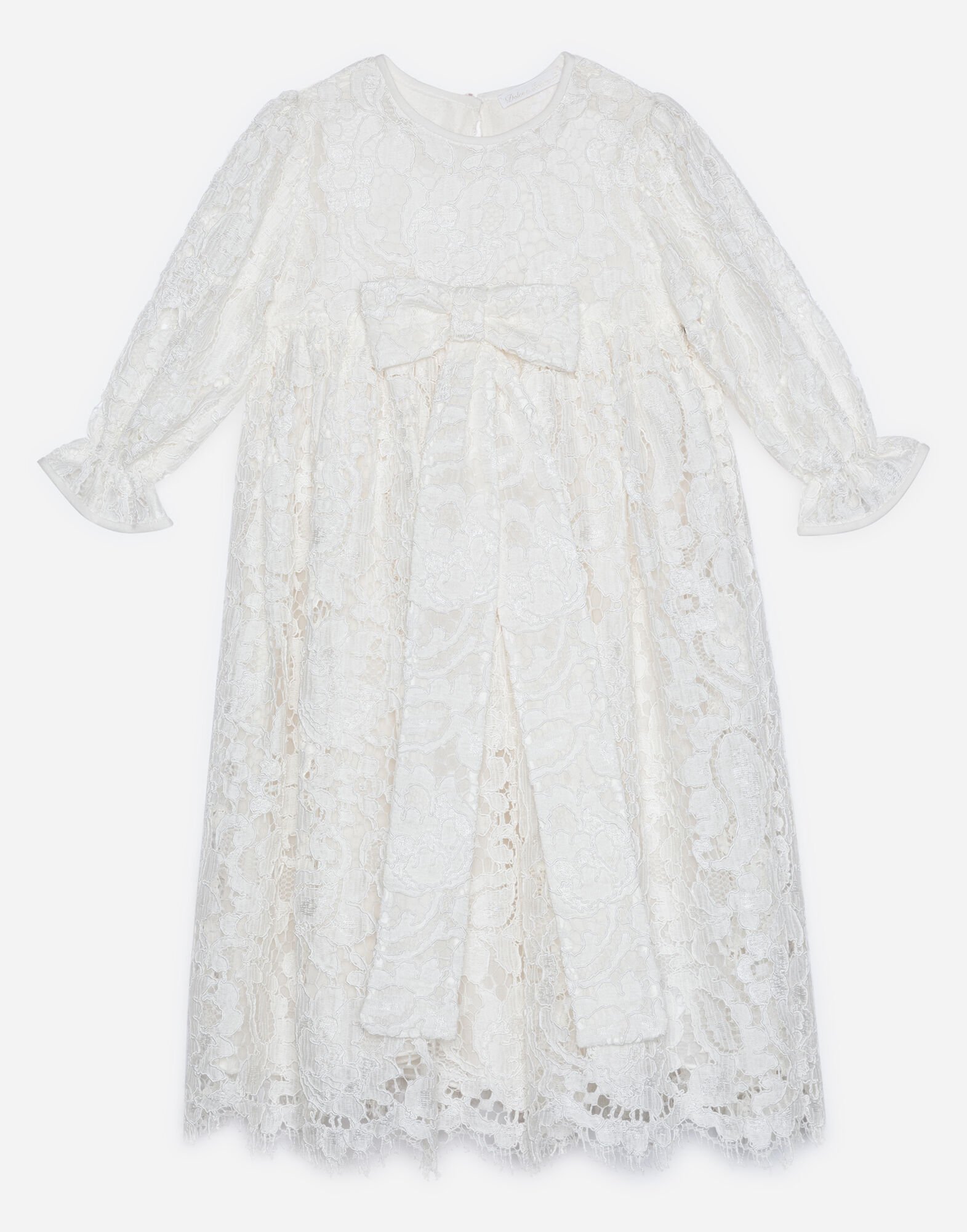 Dolce & Gabbana فستان دانتيل غالون بأكمام طويلة أبيض L0EGG2FU1L6