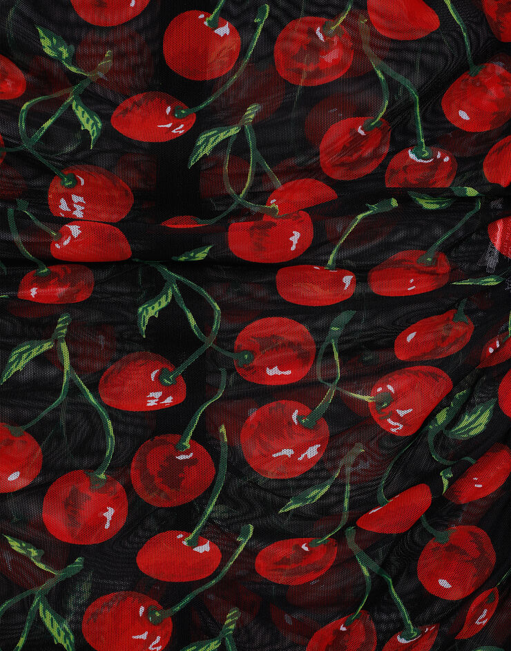 Dolce&Gabbana Long-sleeved tulle top with cherry print and draping Multicolor F8U39TFSUA2