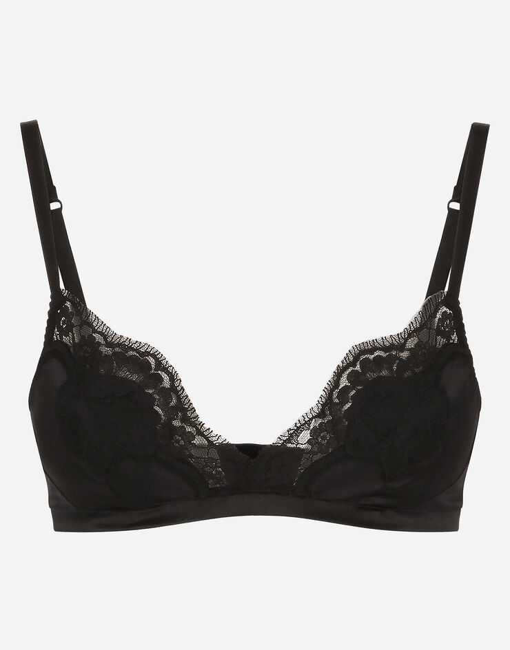Soft-cup satin bra with lace detailing in Black for