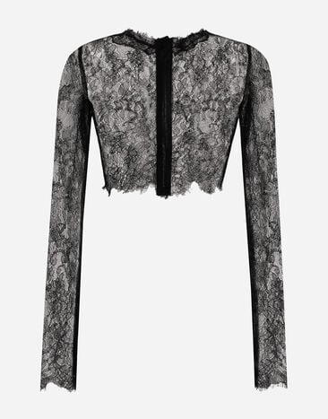 Dolce&Gabbana توب كروب من دانتيل شانتيل بأكمام طويلة أسود F780MTHLM9J