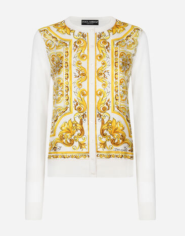 Dolce & Gabbana Cárdigan de seda con panel frontal en sarga de seda con estampado Maiolica Imprima FXX31TJBSJF