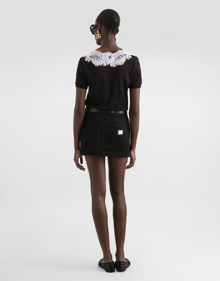Dolce & Gabbana Jersey t-shirt with lace and DG patch Black F8V66ZGDDBR