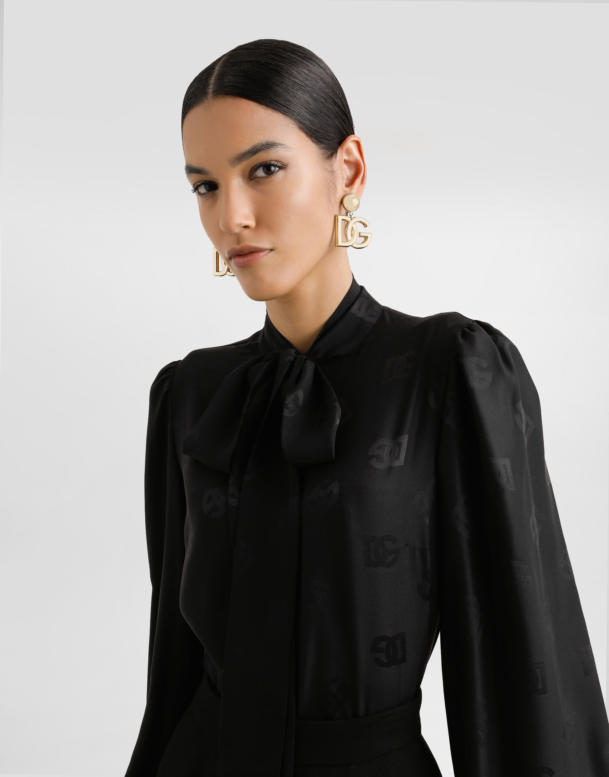 Silk jacquard shirt with all-over DG logo in Black for Women