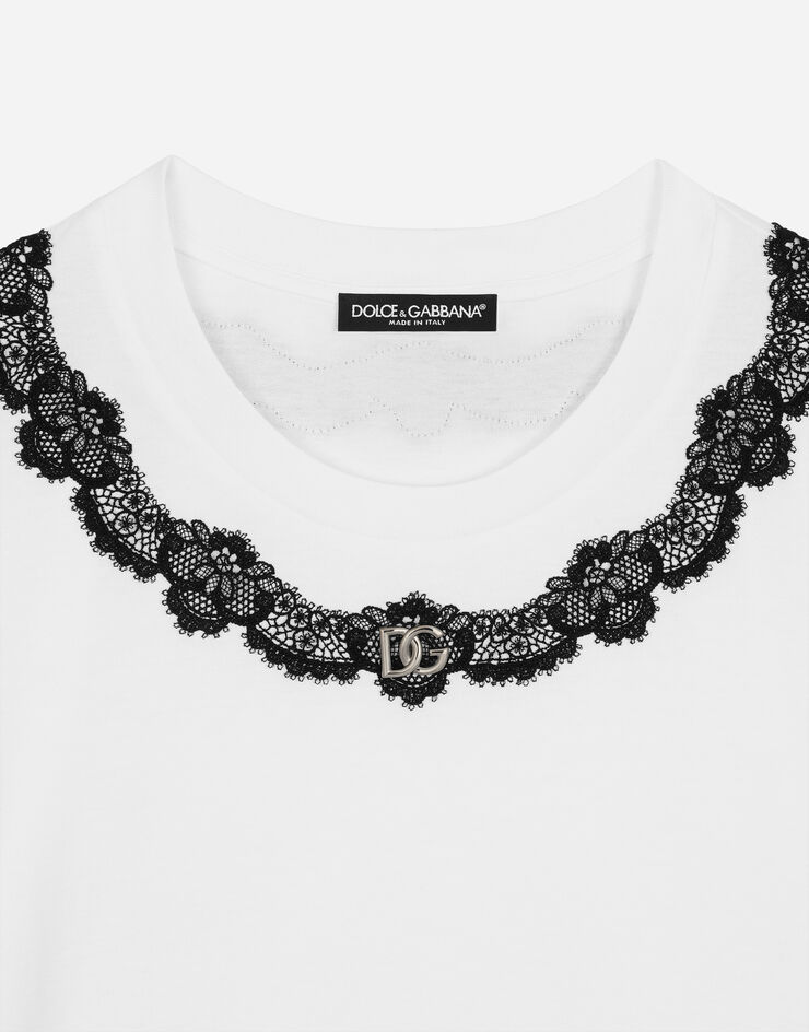 Dolce & Gabbana Camiseta de punto con aplicaciones de encaje y logotipo DG Blanco F8T00ZG7H1Z