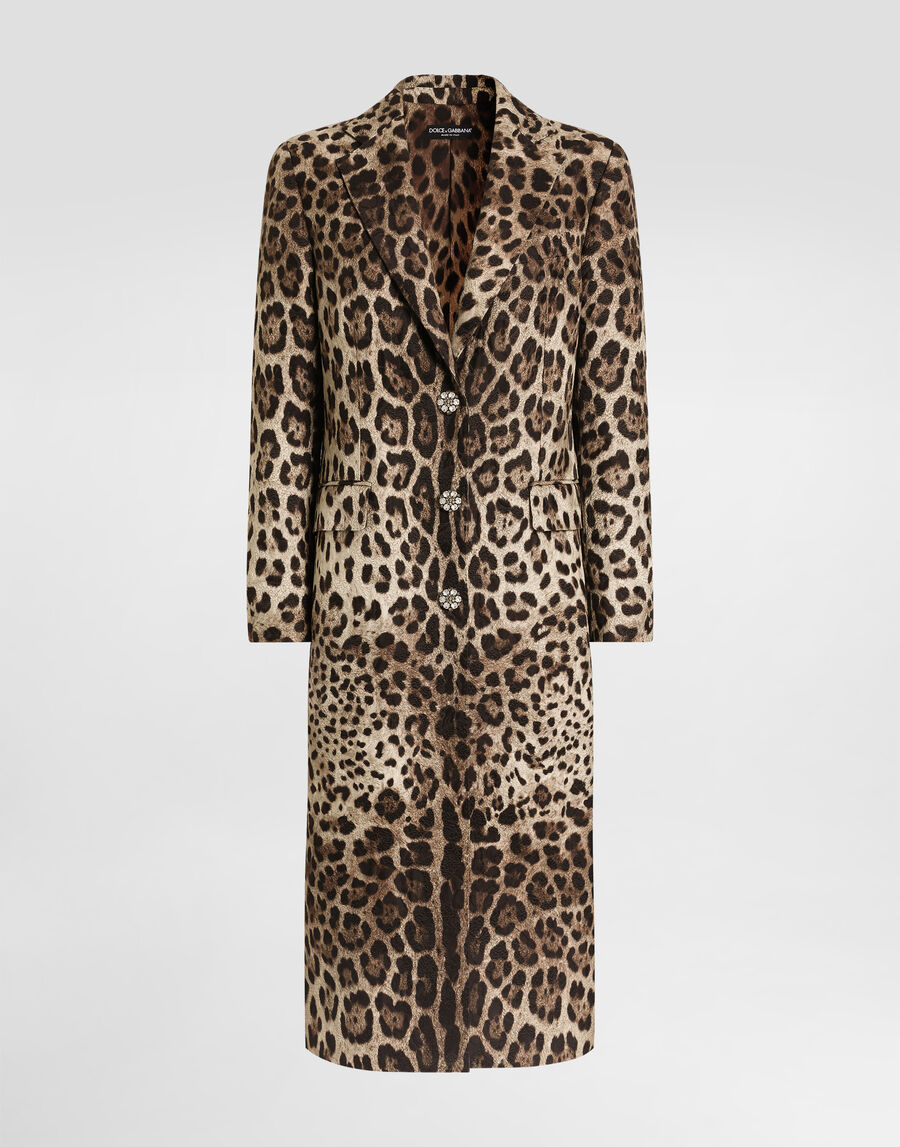 Leo-print brocade single-breasted coat with jewel buttons