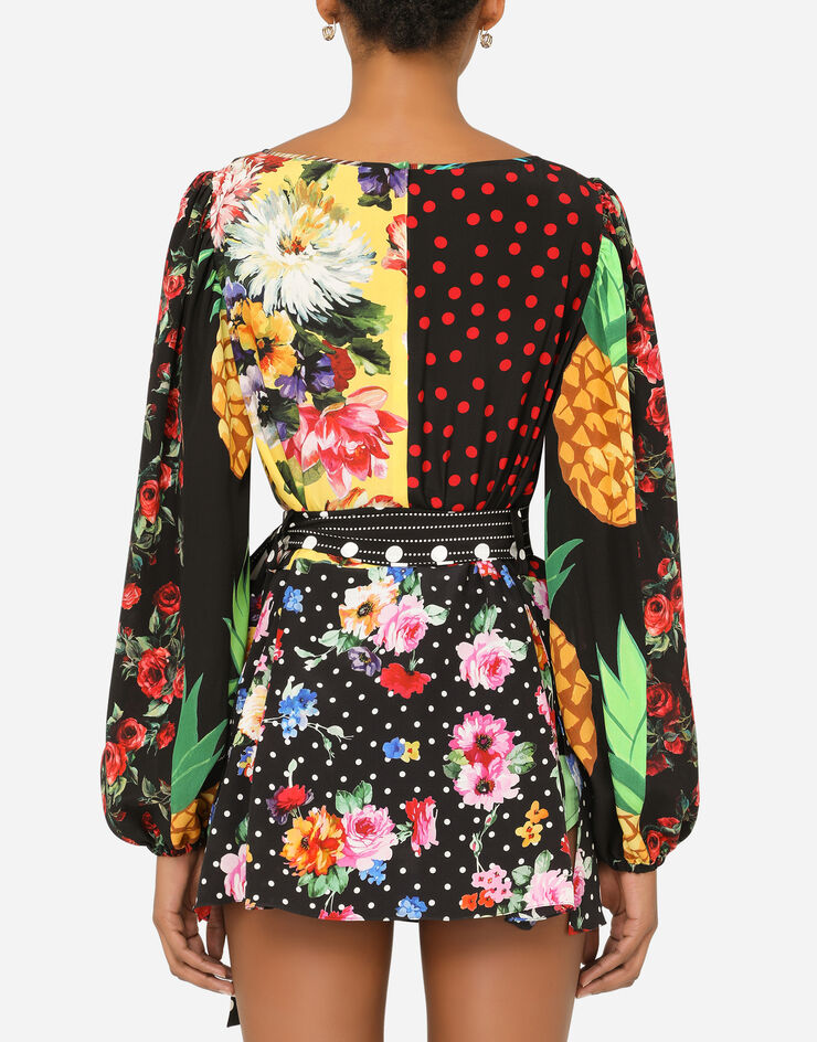 Dolce & Gabbana Long-sleeved patchwork crepe de chine blouse with belt BLUE F75E3TGDY58