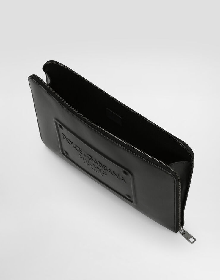 Large calfskin pouch with raised logo in Black for Men 