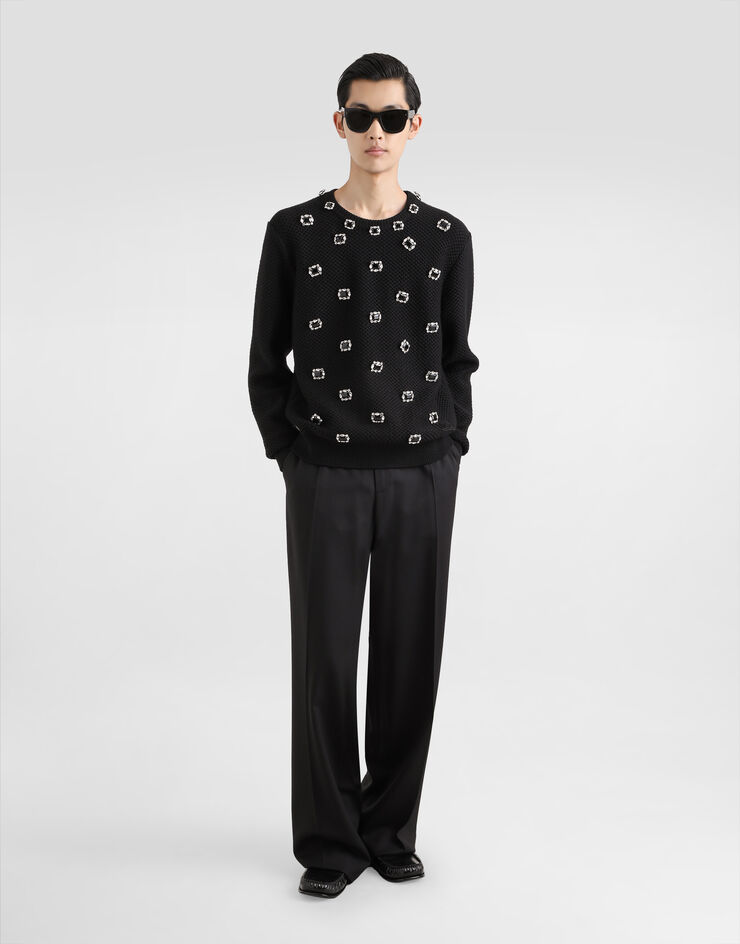 Dolce & Gabbana Pull ras de cou en laine à broderie et boutons bijou Noir GXX01ZJCVWS