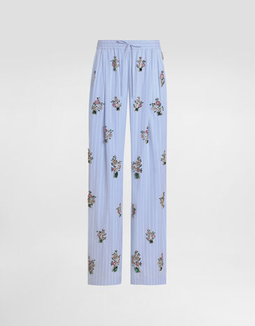 Dolce & Gabbana Pantaloni in popeline con ricamo fiori cristal Multicolore FTDJDZGDDSM